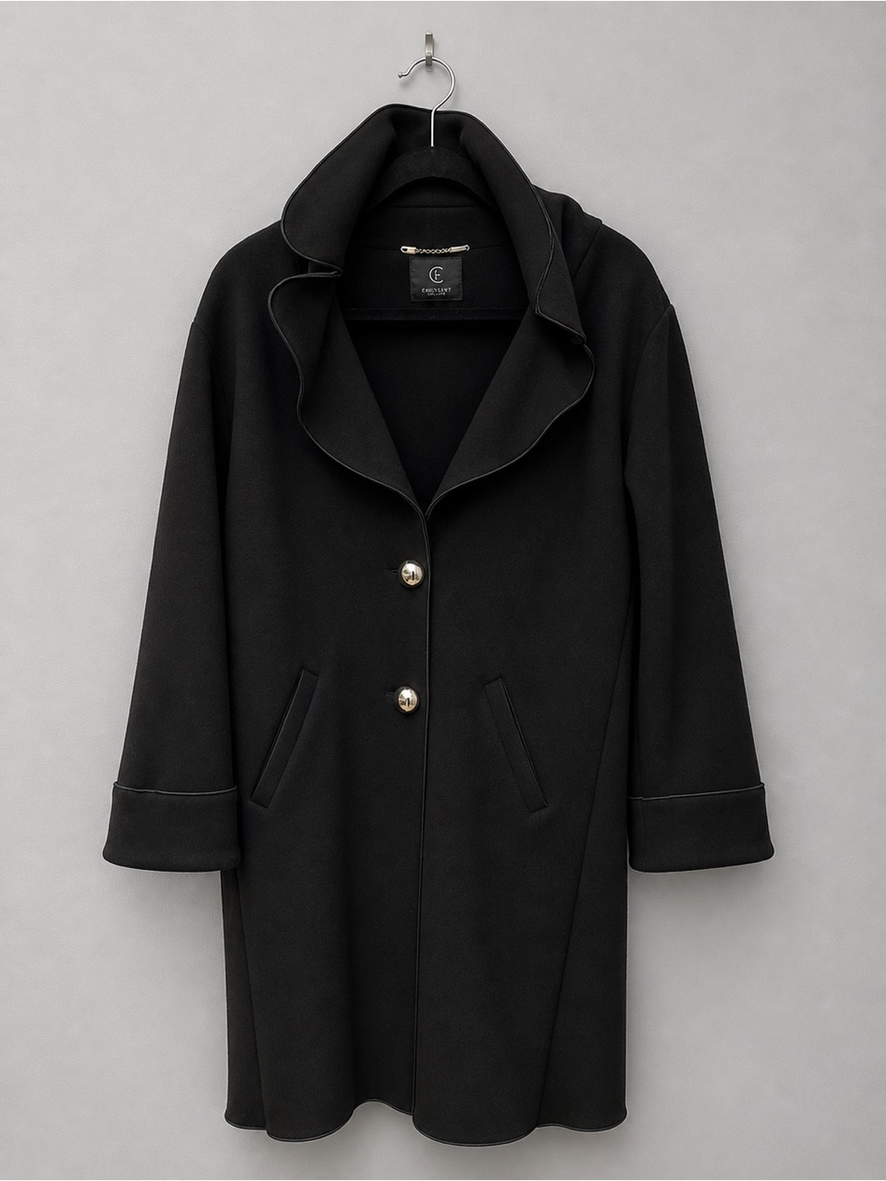 Women's Black Single-Breasted Coat with Gold Buttons by Christinaeffe